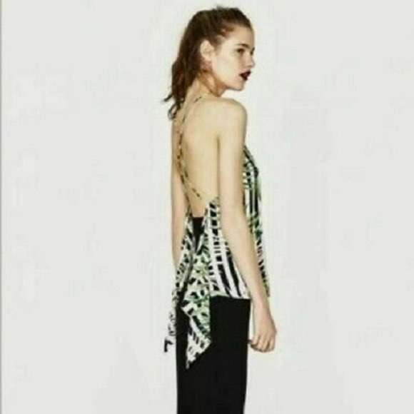 Zara Striped Leaf Print Halter Tank Top - Picture 3 of 9